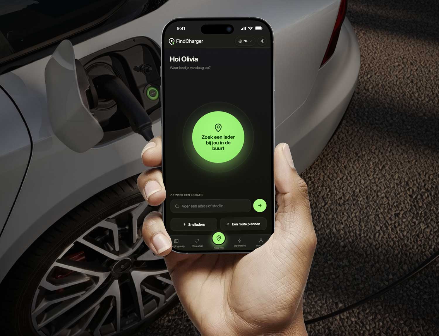 FindCharger EV-laadpalen app voor Europa op een mobiel